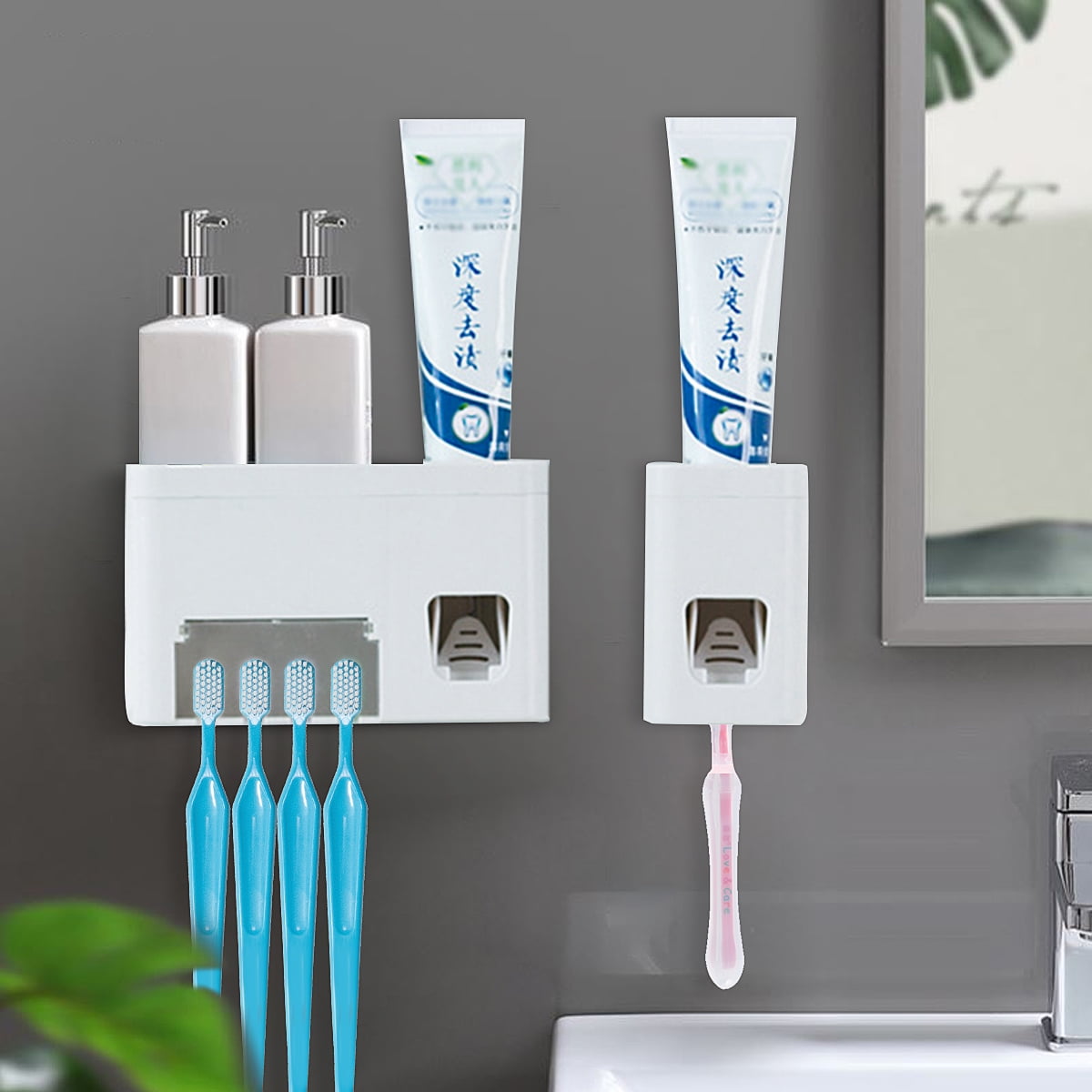 Automatic Toothpaste Dispenser+Wall Mount Toothbrush Holder Cleaner Mount Stand 
