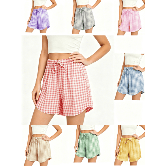 CBASIHI Womens Summer Gingham Shorts With Pockets- Lightweight Trendy Casual Beach Elastic Drawstring Waist Wide Leg Lounge Shorts Red Size S-3XL