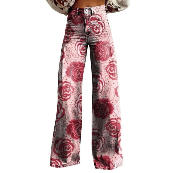 Summer Pants for Women Flower Wide Leg Pants Lightweight Loose Casual Colorful Pants Imitation Jeans Womens Pants Casual & Wide Leg