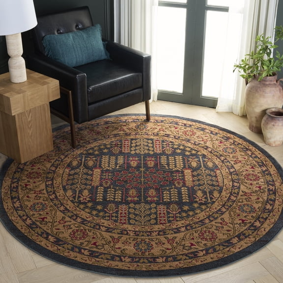 SAFAVIEH Mahal Phylliss Oriental Area Rug, Navy/Natural, 5'1" x 5'1" Round
