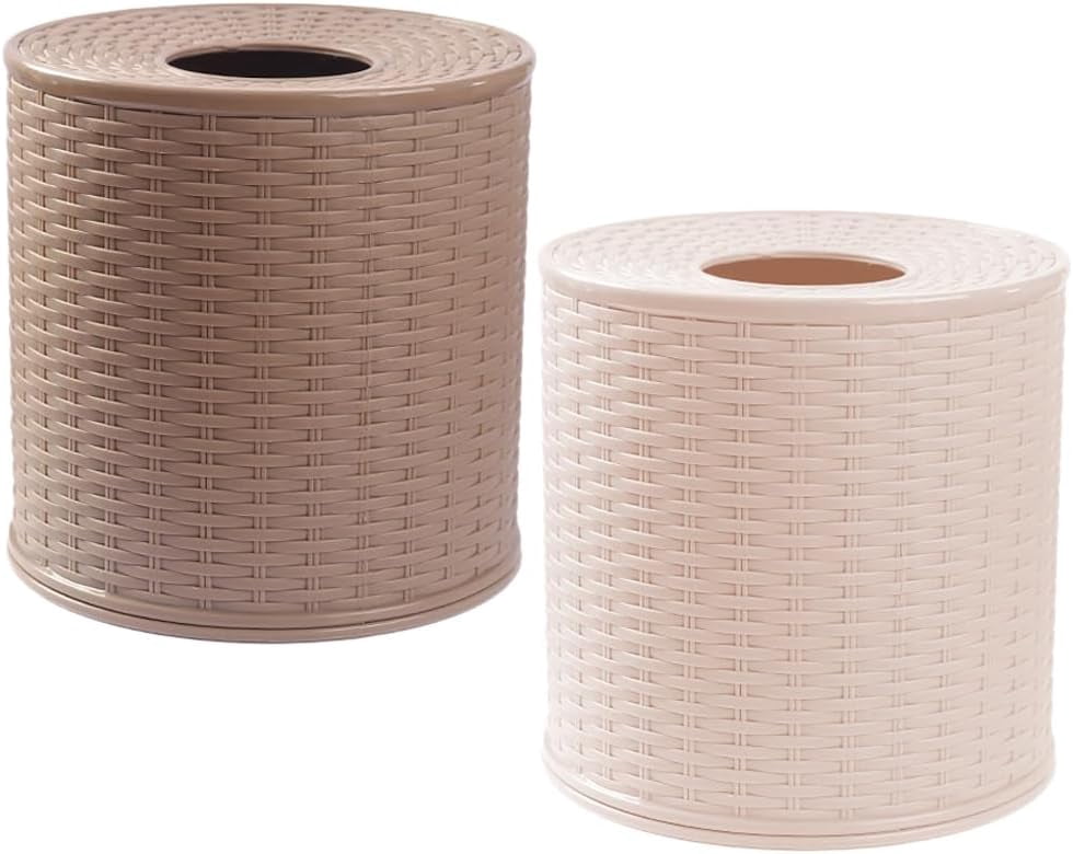 ABCISI Tissue Roll Dispenser, Plastic Toilet Paper Box with Lid, Imitation Rattan Toilet Paper Holder for Tabletop (12.5x12.5x13cm)