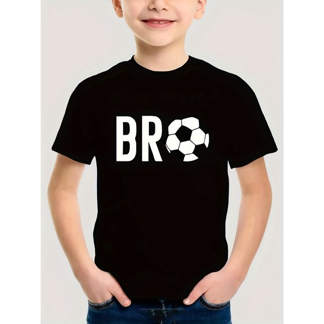 Casual Soccer-Themed T-Shirt - "BRO" Graphic with Black & White Soccer Ball Design, Short Sleeve, Round Neck, Lightweight Cotton, Summer Top for Teenagers, Casual Wear Tee | Soccerthemed Shirt