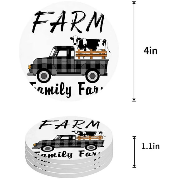 ZHANZZK Vintage Plaid Truck Car Farmhouse Cow Set of 4 Round Coaster for Drinks, Absorbent Ceramic Stone Coasters Cup Mat with Cork Base for Home Kitchen Room Coffee Table Bar Decor