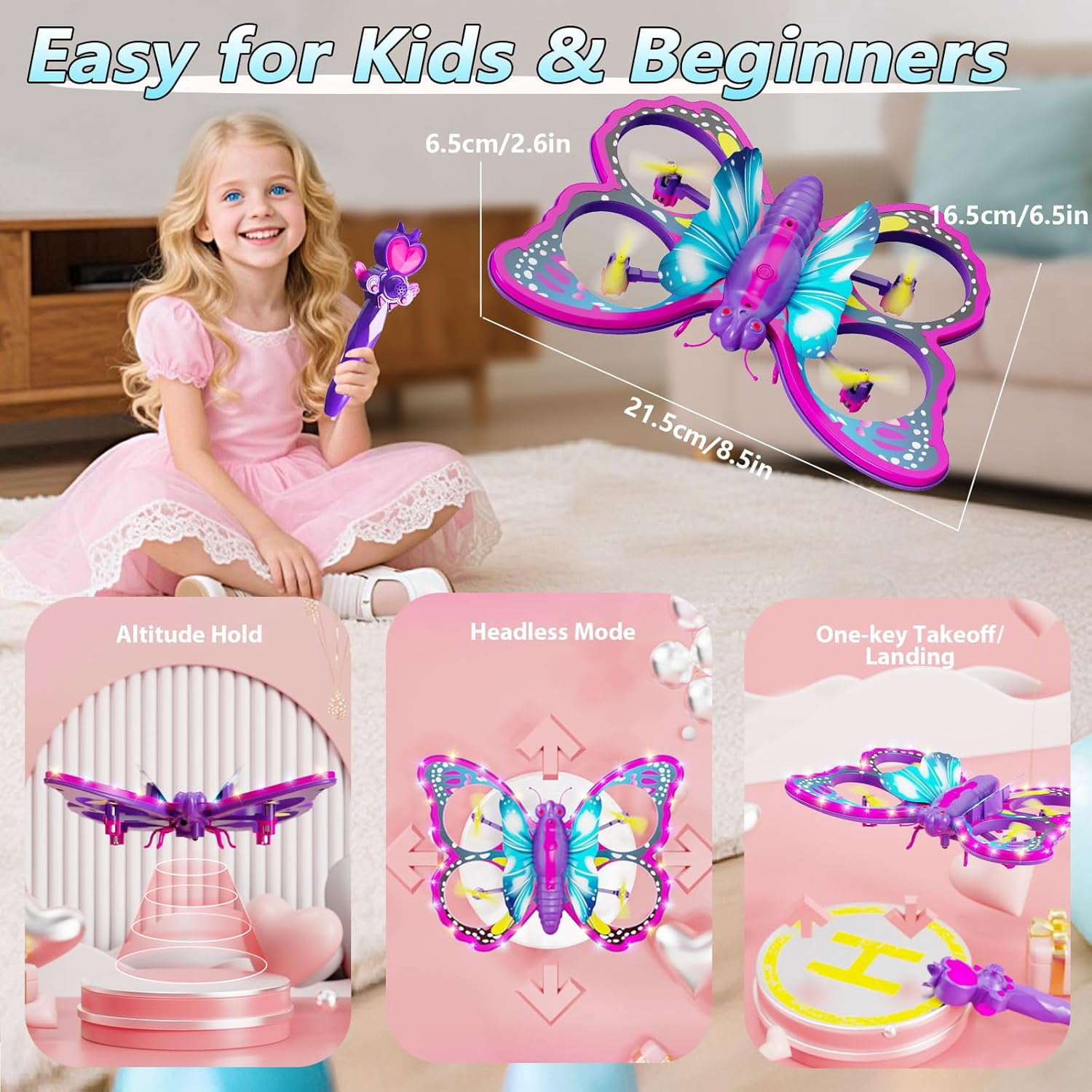 Gmdisc Remote Control Butterfly Drone for Kids with Colorful Lights, 2.4GHz RC Flying Toy with 3D Flip, Gravity Sensing, Altitude Hold, Pink Mini Quadcopter Gift for Girls