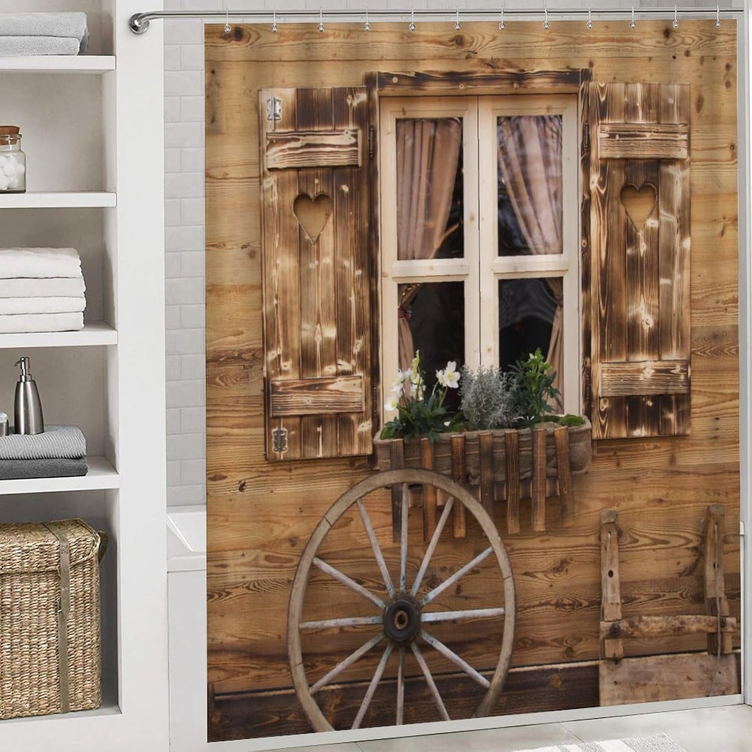 Country Barn Door 4 Pcs Shower Curtain set Bathroom Set Rustic Farmhouse Wooden Board Full Moon Shower Mat Shower Curtain with Rug 12 Hooks,72" W x 72" L