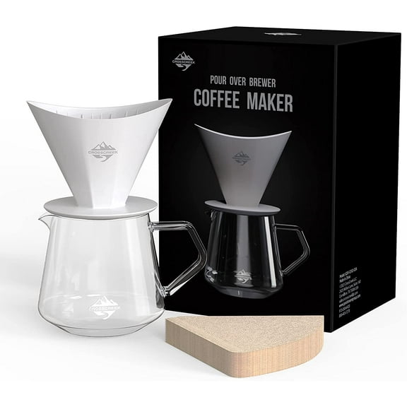 Pour Over Coffee Maker Set, White Ceramic Coffee Dripper By CrossCreek with 650ml Coffee Glass Server V60 Paper filter for Cafe Home Restaurant 6291-12102-03A