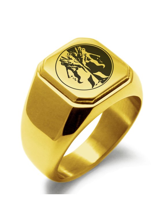 Stainless Steel Janus Greek God of Beginnings Engraved Square Flat Top Biker Style Polished Signet Ring