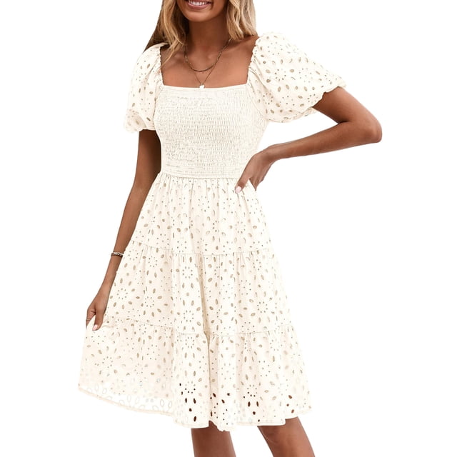 Vestido de verano PRETTYGARDEN para mujer con ojales fruncidos en forma de A, blanco