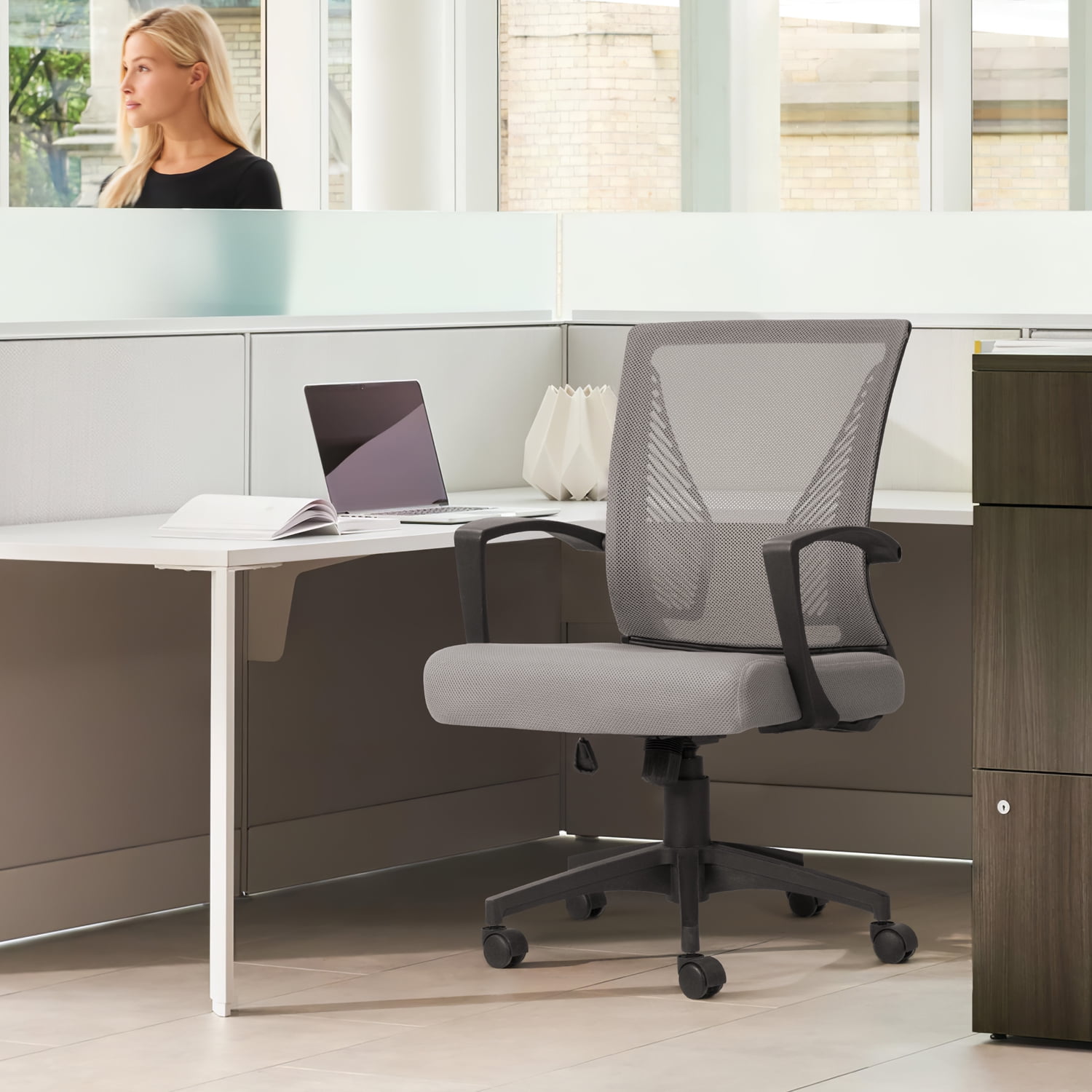 Furmax Office Mid Back Swivel Lumbar Support Desk, Computer Ergonomic Mesh Chair with Armrest, Gray