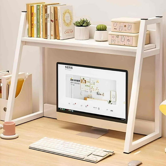 Desktop Bookshelf Organizer, Dorm Room Desk Hutch, Desk Ladder Bookcase, Thickened Steel Frame, with Installation Tools, White/Dark Walnut/Warm White, H 65/90 Cm