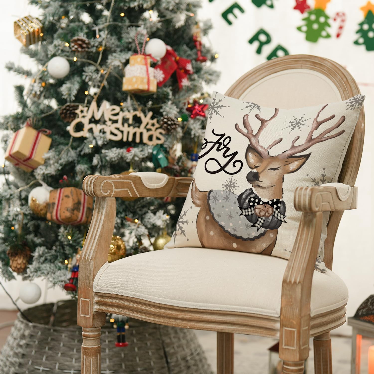 Sm:)e Christmas Throw Pillow Covers 18 x 18 Inch Set of 4, Snowman Reindeer Snowflake Gloves Eucalyptus Winter Holiday Stripes Cushion Case Decoration for Sofa Couch