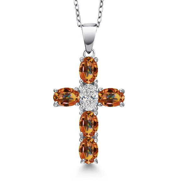 Gem Stone King 925 Sterling Silver Ecstasy Mystic Topaz and Lab Grown Diamond Cross Pendant Necklace for Women | 2.90 Cttw | Gemstone November Birthstone | Oval 6X4MM | With 18 inch Chain