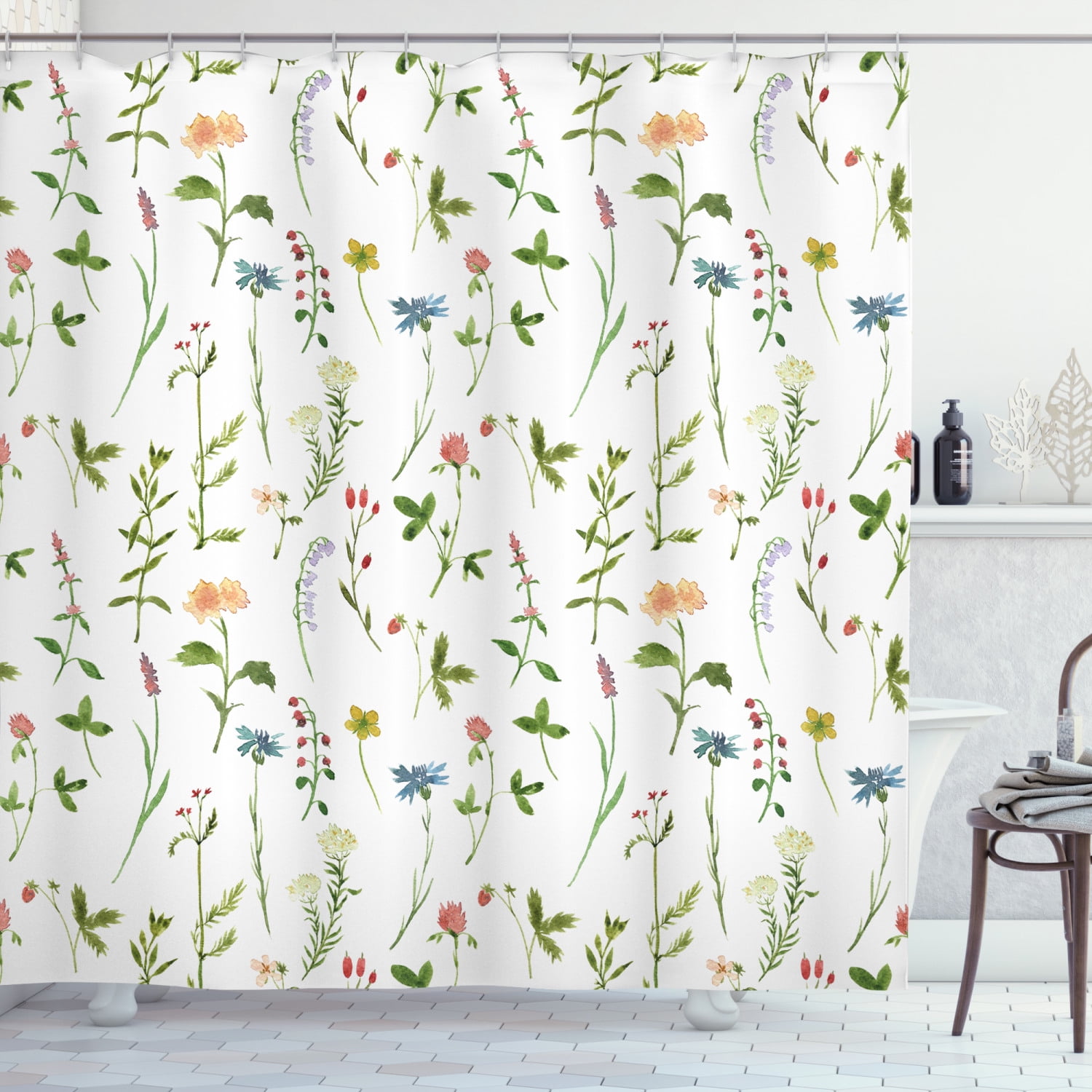 Floral Shower Curtain, Spring Season Themed Watercolors Painting of Herbs  Flowers Botanical Garden Artwork, Fabric Bathroom Set with Hooks, 69W X 84L  