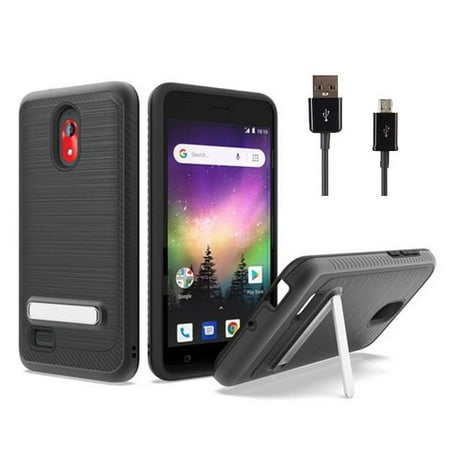 Usb Charger Cover Phone Case For Boost Mobile Coolpad Illumina, Coolpad Illumina USB Charger Brush Dual-Layered Cover (Brush Magnetic Stand Black /USB) ()