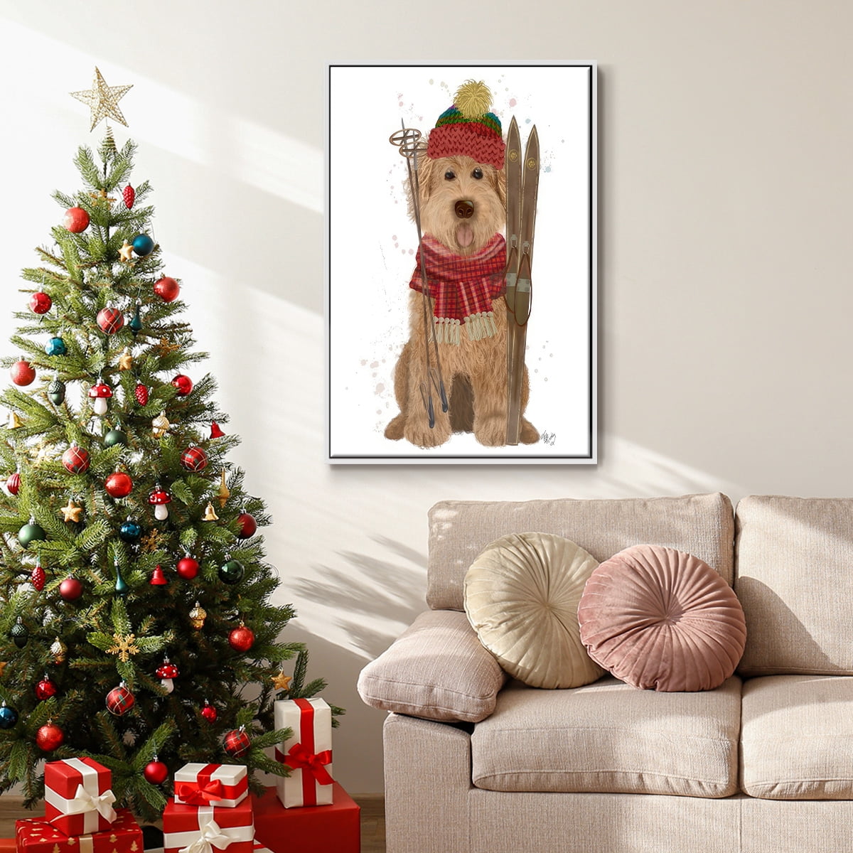 Goldendoodle Ski Dog - Framed Gallery Wrapped Holiday Canvas - 17 x 25 - White Frame