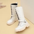 thumbnail image 4 of Girls Leather Riding Knee High Boots with Side Zipper Fashion Round Toe Comfortable Low Heel Lace Up Combat Boots Lug Sole Motorcycle Boots Little Kid/Big Kid, 4 of 8