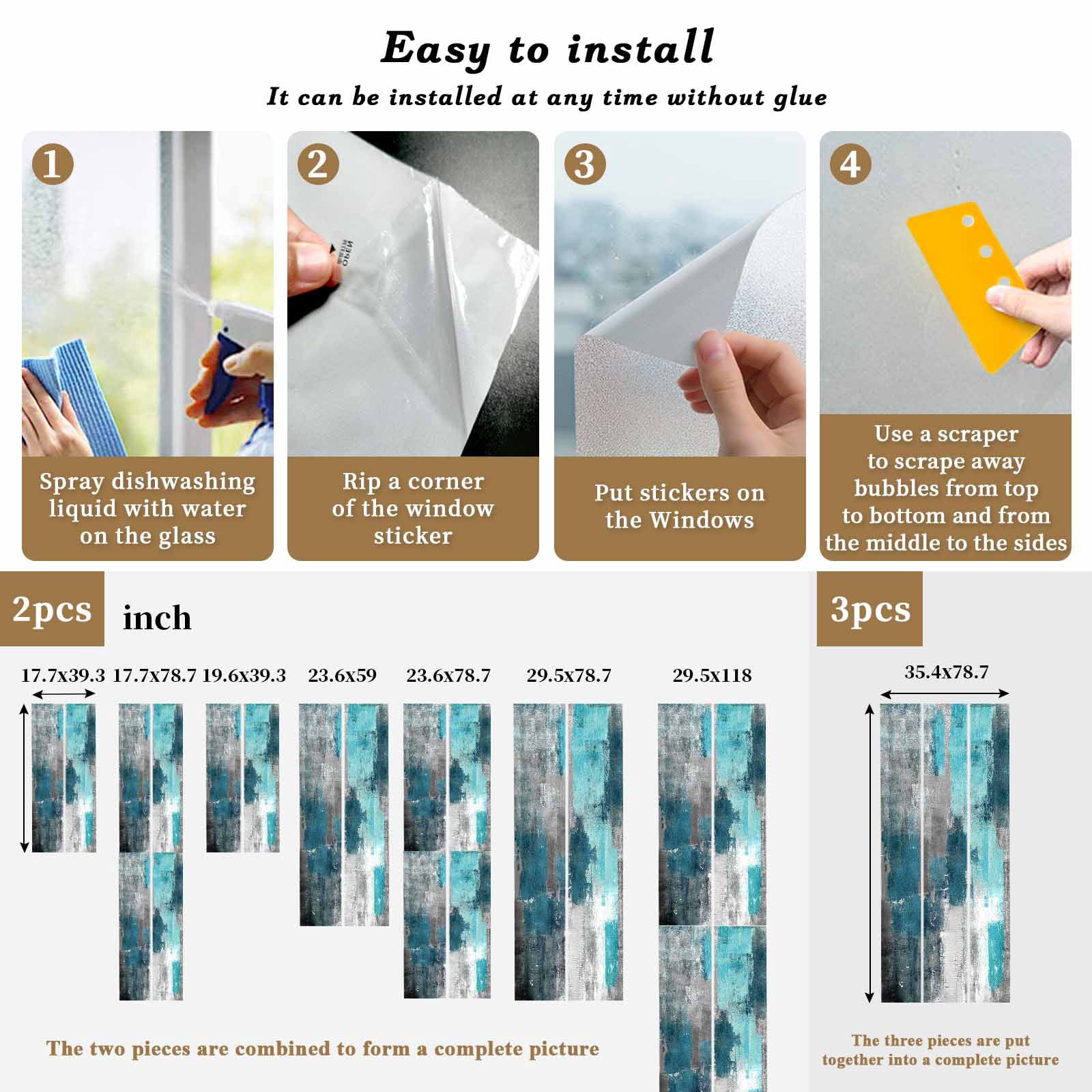 Teal Grey Privacy Window Film, Decorative Frosted Glass Window Film, Modern Oil Painted Abstract Art Aesthetics Reusable Peel and Stick Static Cling for Home Bathroom Office Glass Door 17.7"x39.3"