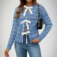 thumbnail image 3 of Byworldtasic Womens Sweaters Womens Striped Tie Front Cardigan Sweaters Crew Neck Long Sleeve Cable Knit Bow Knot Trendy Sweater Tops Light Blue, 3 of 9