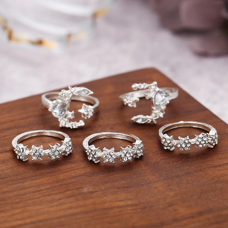5Pcs/Set Retro Silver Star Flower Crystal Stackable Sparkly Rings Boho Jewelry T