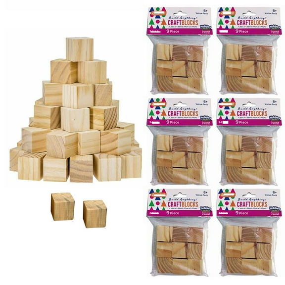 54 Pc Wooden Craft Blocks Cubes Unfinished Natural Hardwood Wood Square 1.25"