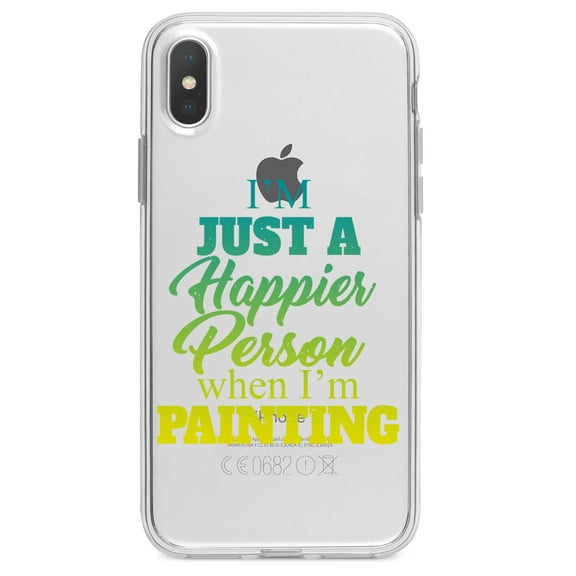DistinctInk Clear Shockproof Hybrid Case for iPhone XR (6.1" Screen) - TPU Bumper Acrylic Back Tempered Glass Screen Protector - I'm a Happier Person When I'm Painting