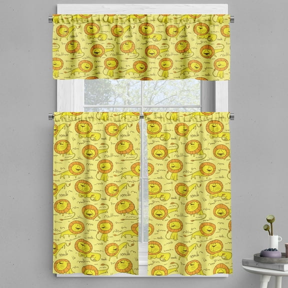 Ambesonne Lion Valance & Curtain, Wild Big Cat Animal Cartoon, 55"x30", Yellow and Marigold