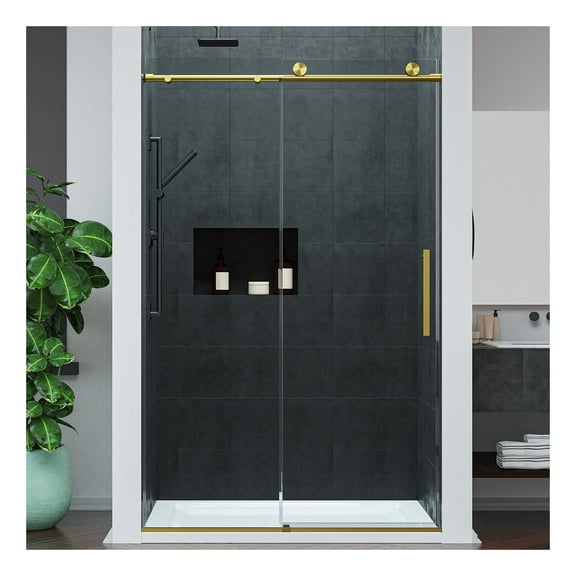 Mountain 48-inch Reversible Frameless Sliding Glass Shower Door with Soft-Close System and Brushed Gold Finish