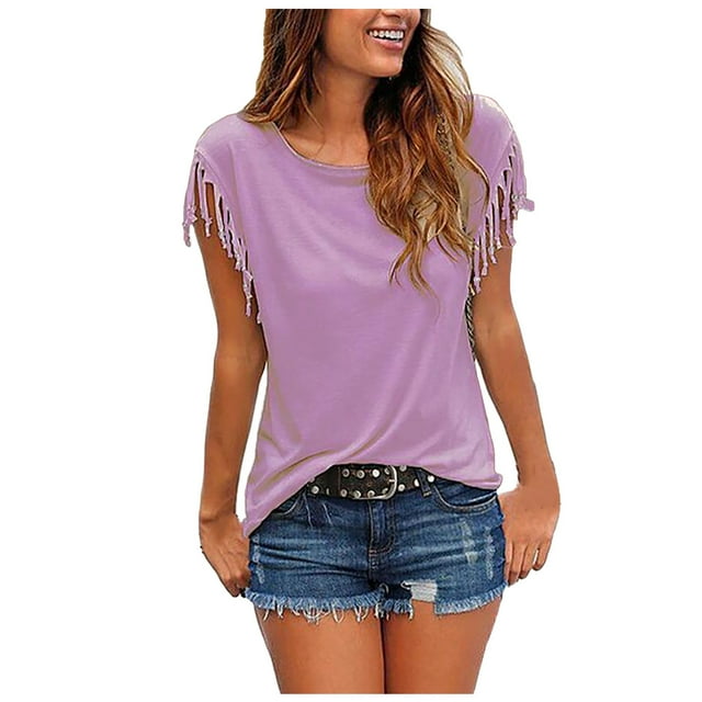 Hiiyo T-Shirt à Franges pour Femme Grande Taille, Manches Courtes, Col Rond, T-Shirt d'Été, Tailles TTTG