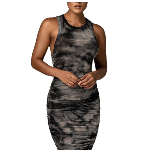 Fesfesfes Women's Bodycon Dress Fashion New Gorgeous Slim Fit Spandex Dress Sexy Sleeveless Vest O-Neck Tie-Dye Dress Gifts for Her Under 10$
