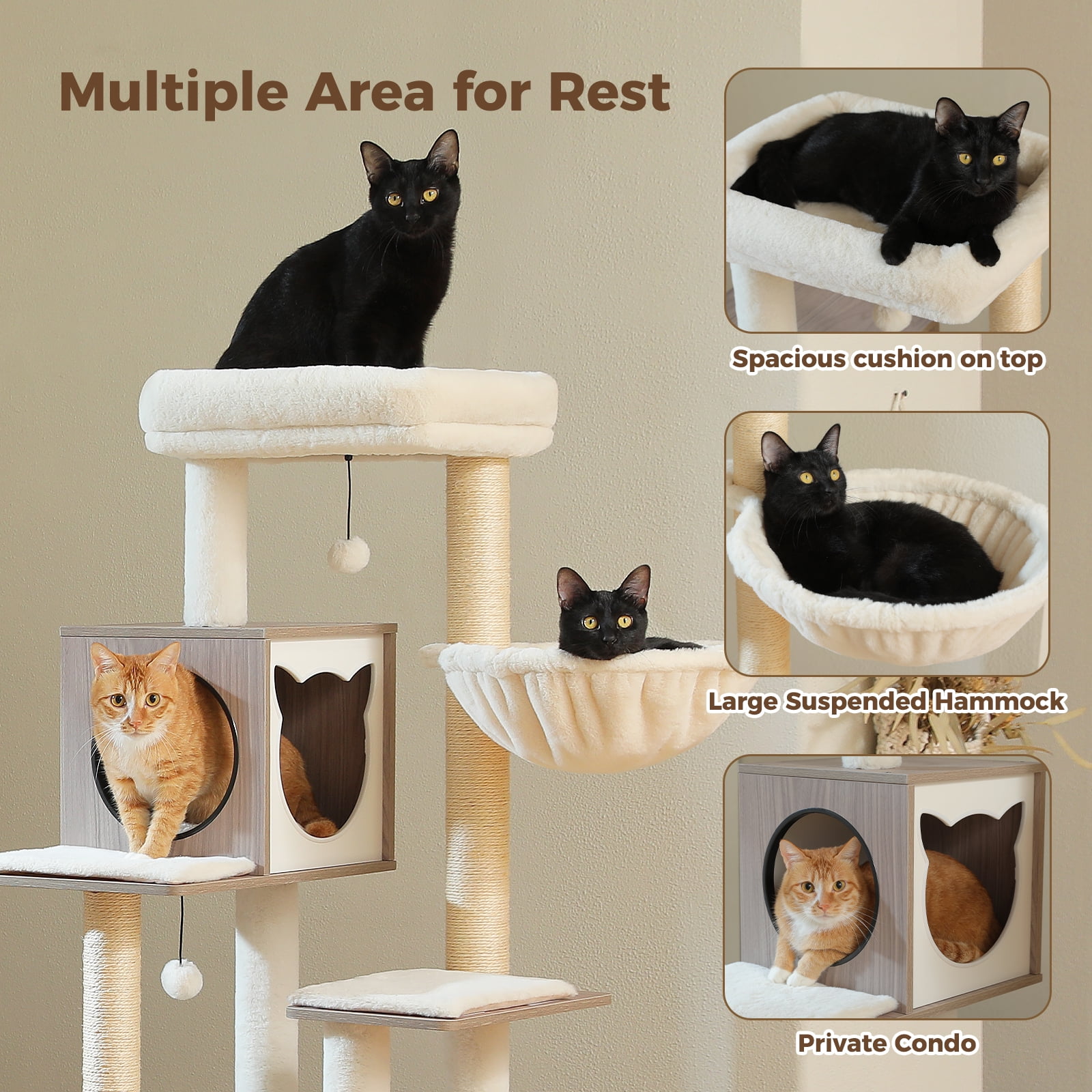 Pefilos 57" Modern Wood Cat Tree for Indoor with Litter Box Enclosure and Cat Condo, Large Cat Tree Tower with Sisal Covered Scratching Post, Gray