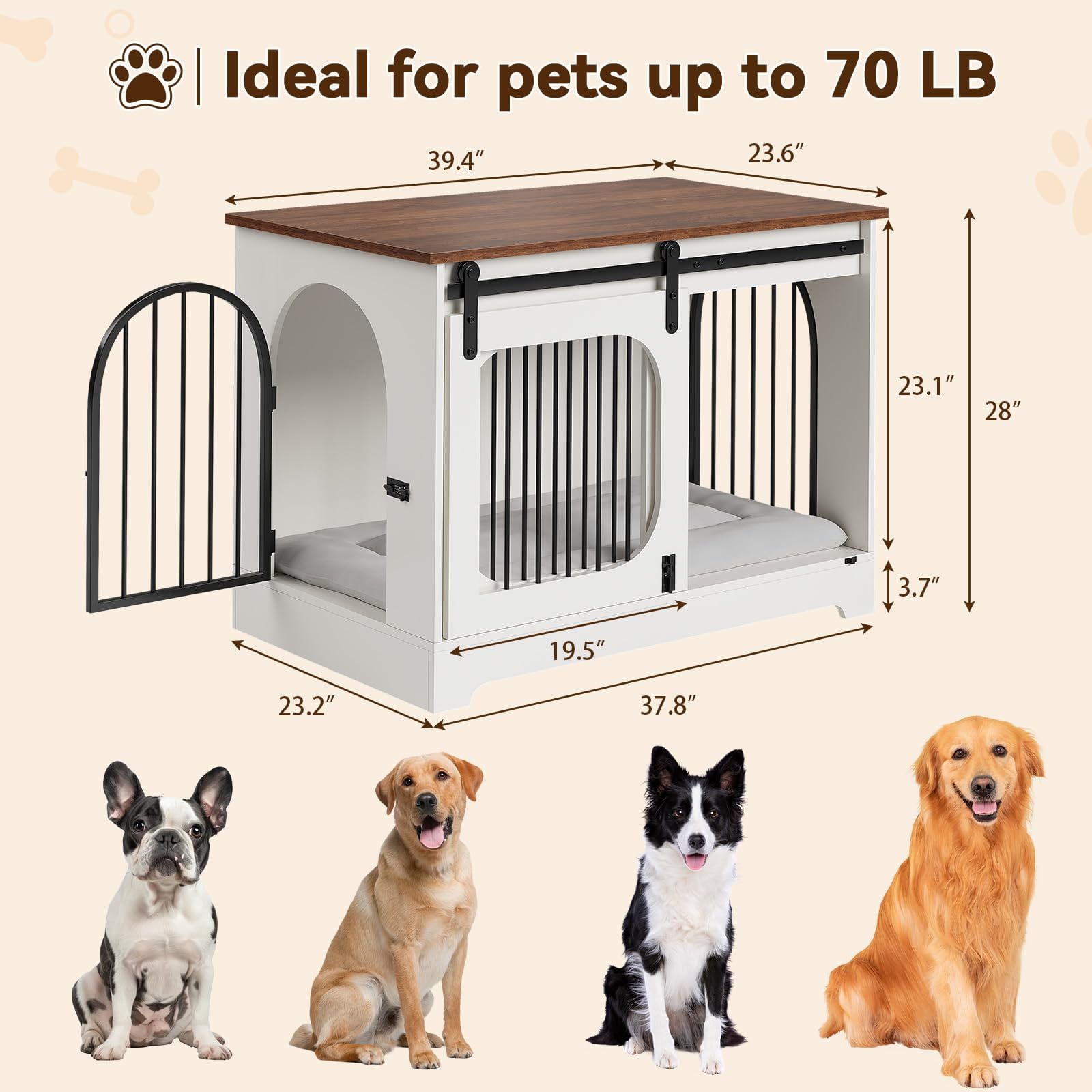39.4'' Wooden Dog Crate Furniture TV Stand, Indoor Dog Kennel for Small/Medium/Large Dogs, End Side Table Dog Crates with Soft Cushion, Arched Door Design