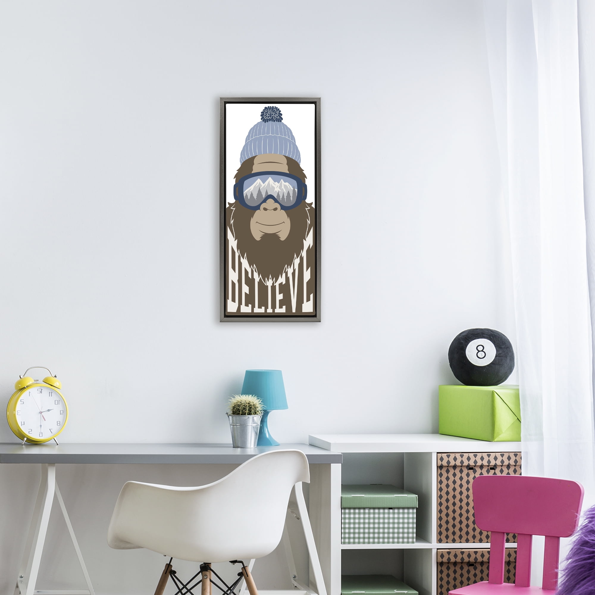 Believe Winter Bigfoot Gray Framed Floater Canvas Wall Art, design by Marcus Prime