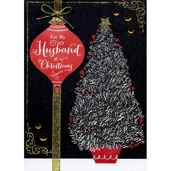 Designer Greetings 3D Red Ornament, Gold Ribbon, Sequins : White Tree with Red Foil Garland Hand Decorated Premier Collection Keepsake Christmas Card for Husband