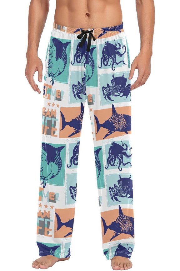 Men's Pajama Pants - Sea Animals Square, Loose Thin PJs Lounge Sleep Bottoms with Pockets Drawstring, Christmas New Year Birthday Gifts, Medium