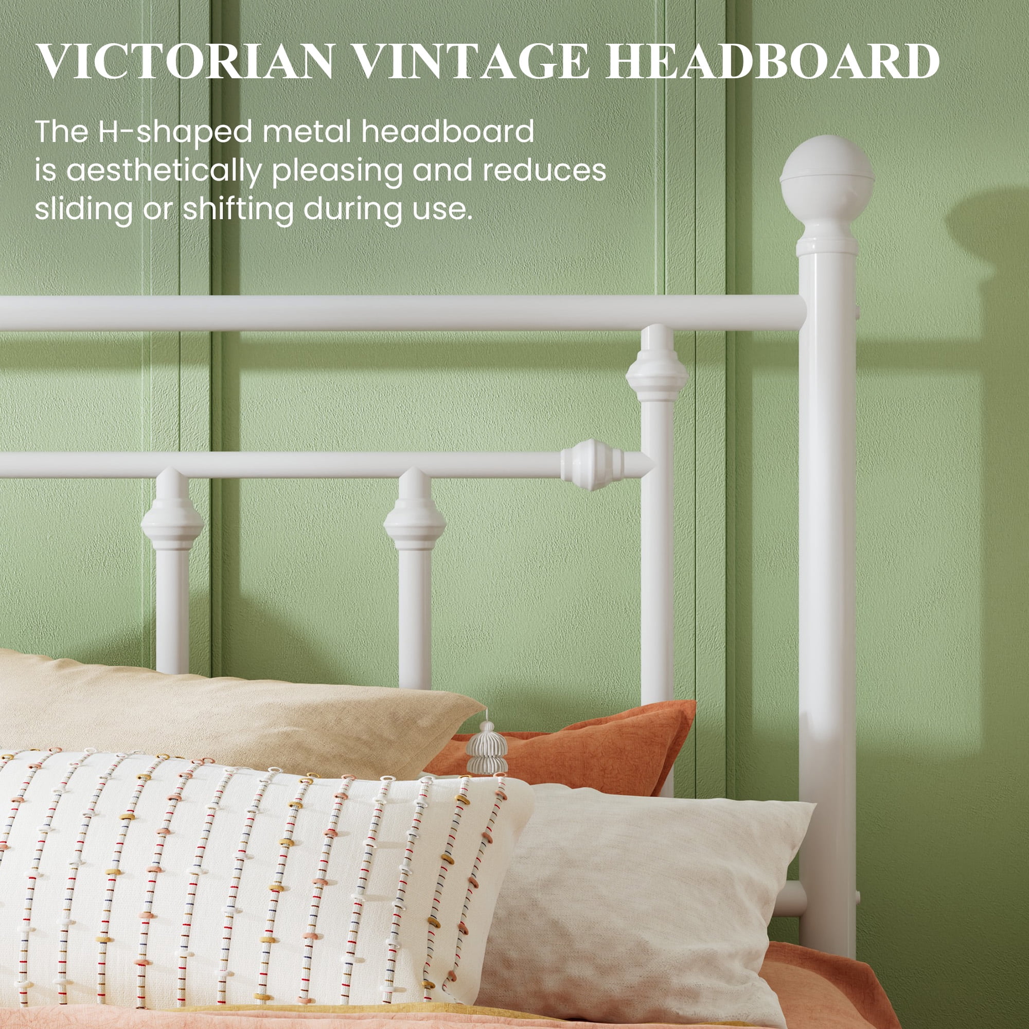 Sha Cerlin White Full Size Metal Platform Bed Frame with Victorian Vintage Headboard & Footboard, Adult
