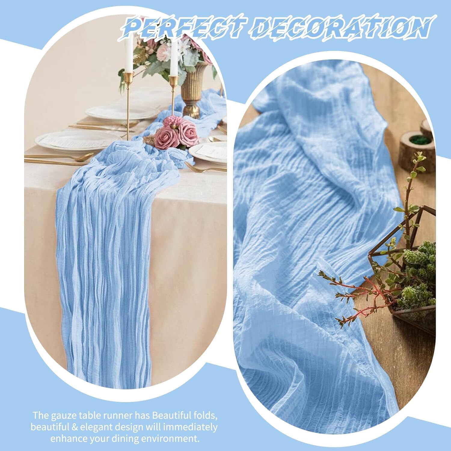 10 Pack Light Blue Cheesecloth Table Runner 17x108 Inch Boho Gauze Cheese Cloth Table Runners for Wedding Party Baby Shower Birthday Home Decor