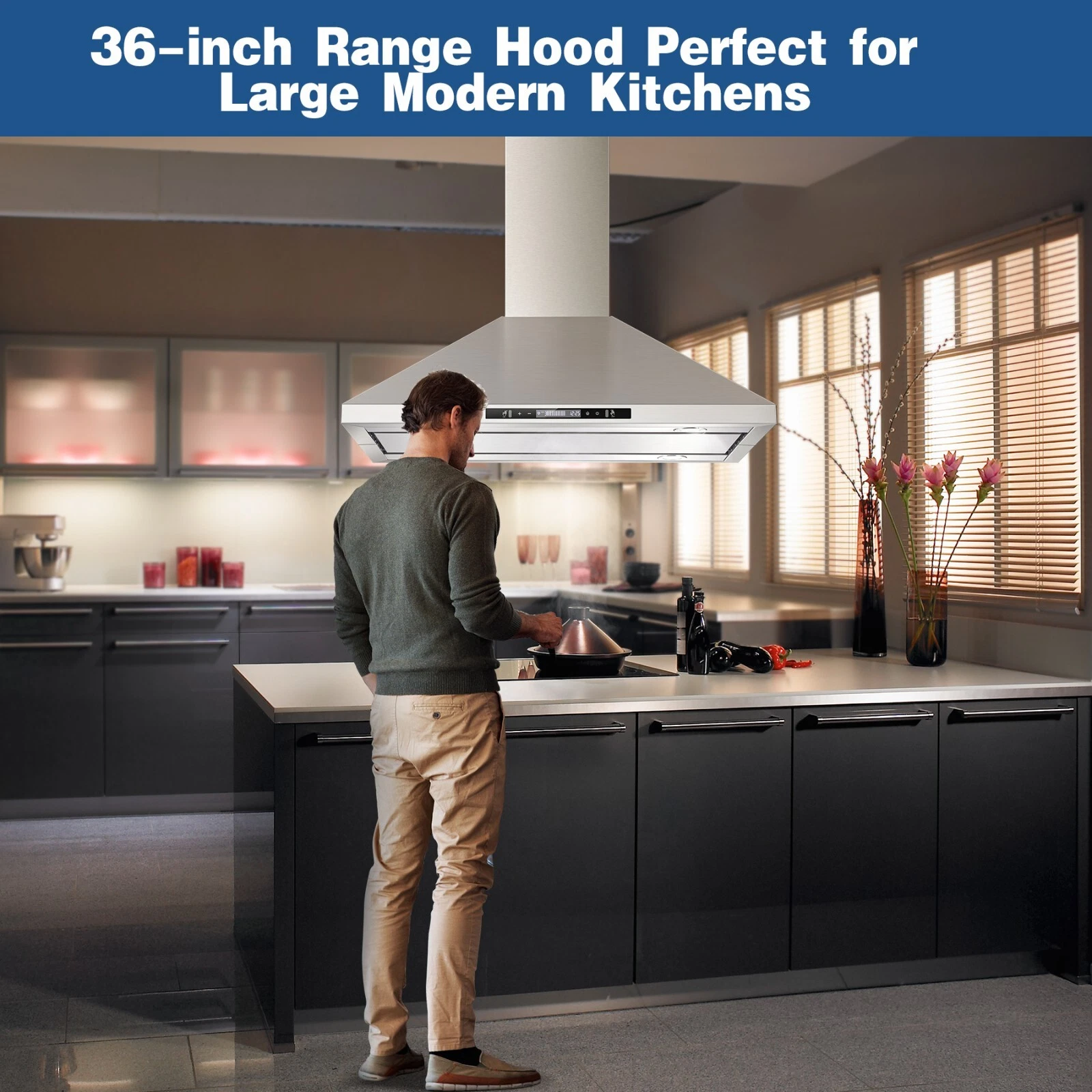 36 inch Island Range Hood 700 CFM Kitchen Vent Hood Touch Control, Gesture Sensing 3-Speed Fan