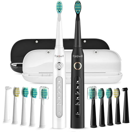 Sonic Electric Toothbrushes Lot 2 Packs Black & White with 5 Modes Rechargeable 10 Brush Heads Deep Clean with 2 Travel Case Smart Timer IPX7 Waterproof