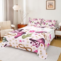 Manfei Cowboy Cowgirl Boots Hat Full Size Sheets, Kawaii Pink Cherry Blossoms Bed Sheets, Teens Girls Kids Sheet Sets, Microfiber Bedroom Decor, 4 Pieces