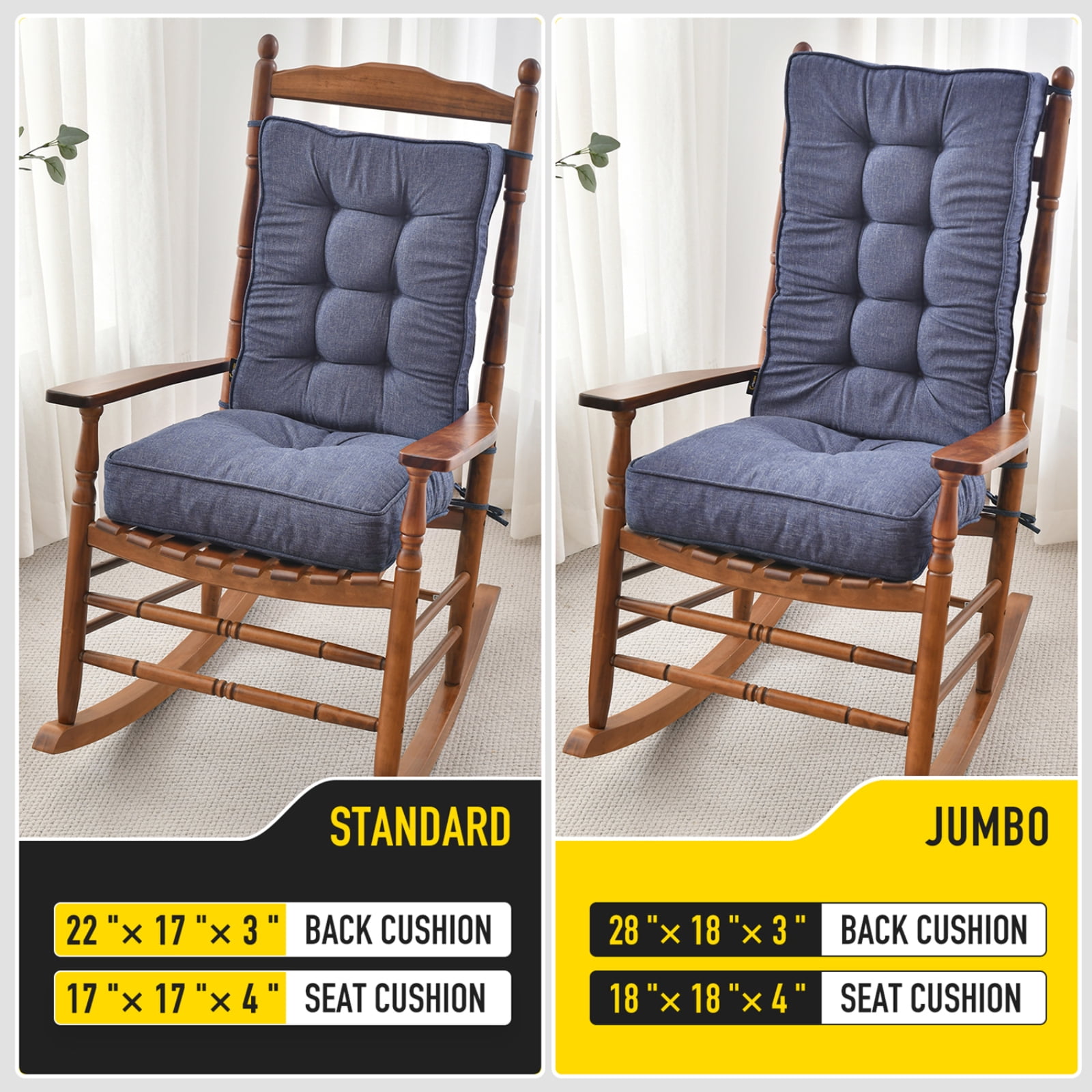 SUNROX Memory Foam Jumbo Rocking Chair Cushions, Set of Seat & Back Cushion with Ties for Indoor/Outdoor Rocker, FadeShield Water Resistant Non Slip Durable Tufted Pads, 2 Piece, Heather Indigo