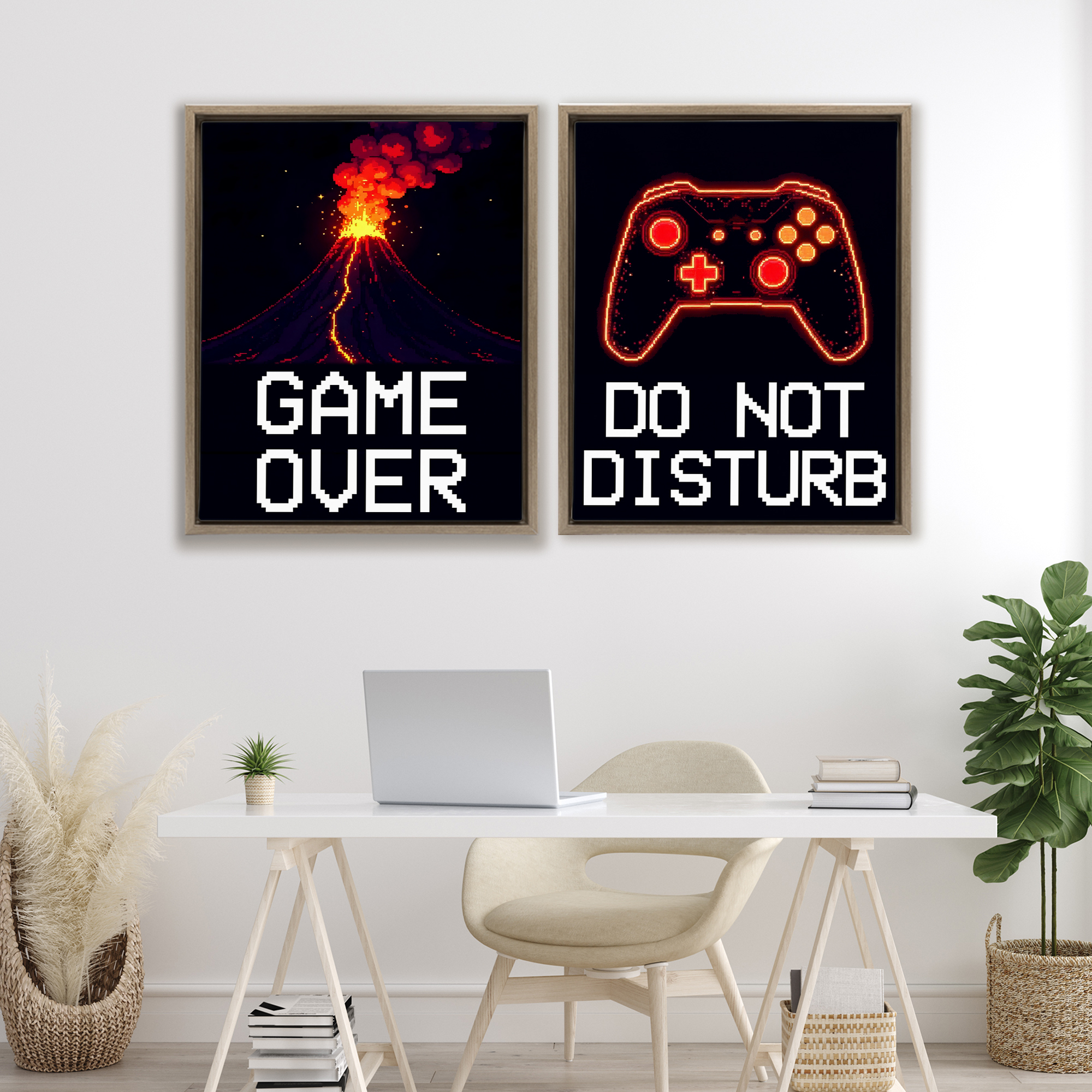 Pixel Game Sentiments 2 Piece Brown Framed Floater Canvas Set, design by Kim Allen
