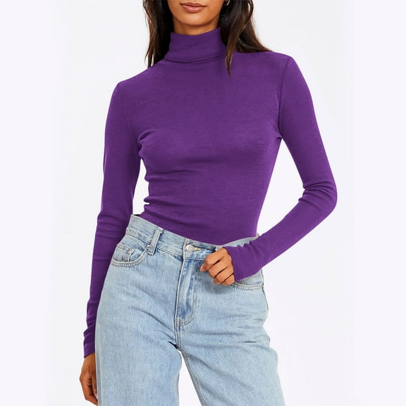 ClodeEU Women's Turtleneck Long Sleeve Shirts,Thermal Underwear Tops,Slim Fit Fall Fashion Lightweight Clothes Purple,Womens Plus S