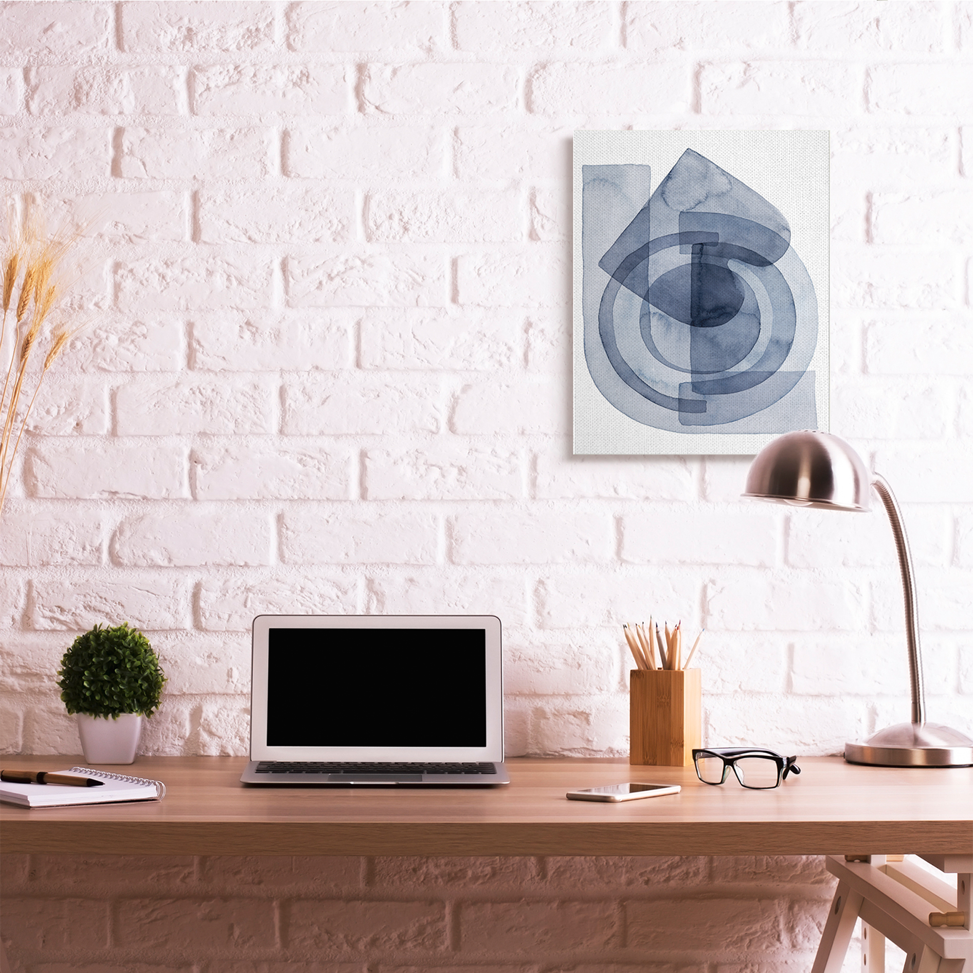Stupell Industries Layered Blue Opaque Shapes Central Circle Abstract Abstract Painting Gallery Wrapped Canvas Art Print Wall Art, 24 x 30