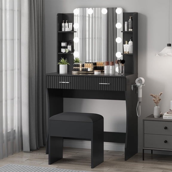Ataucjin Makeup Vanity Desk with Mirror and 12 LED Lights, White Vanity Table with Power Outlet, 2 Drawers, 6 Shelves, Hair Dryer Holder & Stool, Modern Dressing Table Furniture for Bedroom