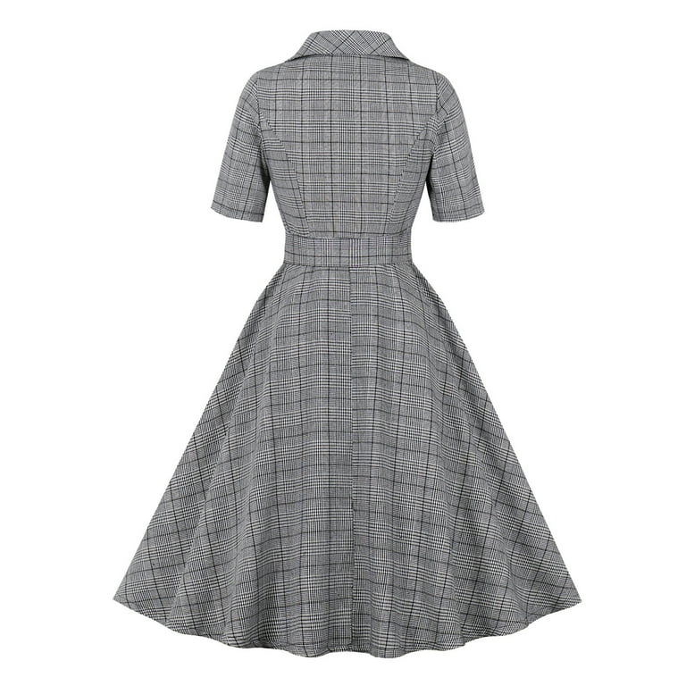 Womens Vintage Plaid Shirt Dress with Belt Pockets Short