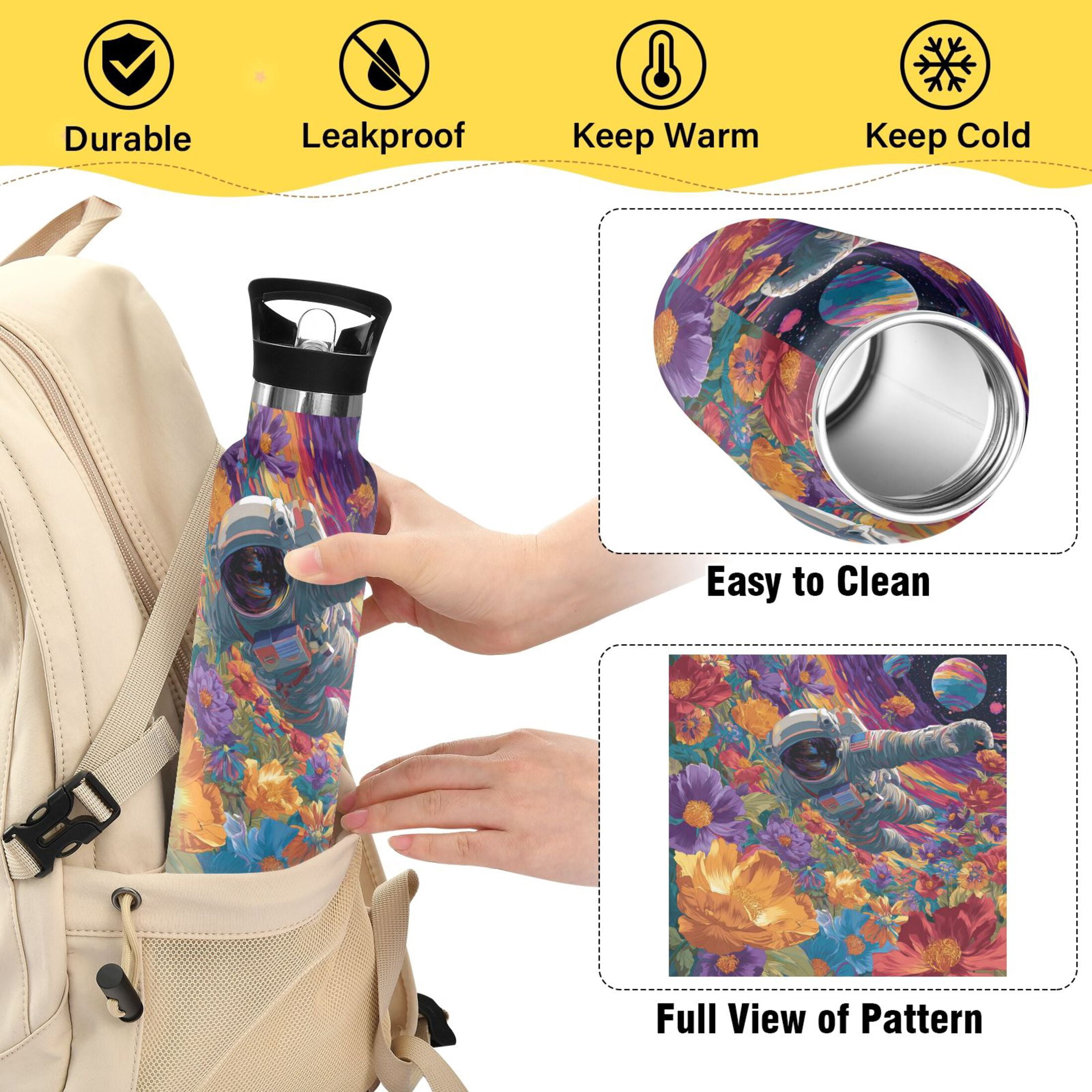Kids Insulated Stainless Steel Sports Water Bottle 600ml (20oz) Colorful Flowers and Planets