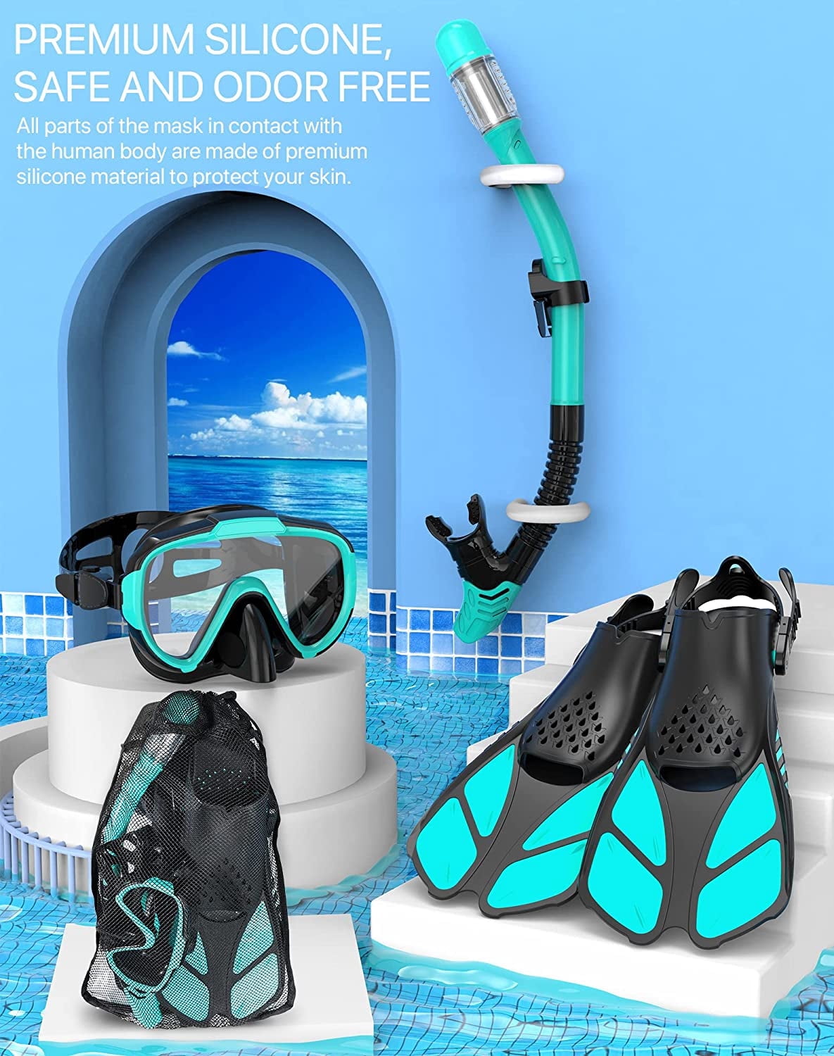 Gintenco Snorkel Set for Adult,4 in 1 Snorkel Set with Panoramic View,snorkeling gear for adults,Snorkeling and Travel Bag for Swimming GR-S