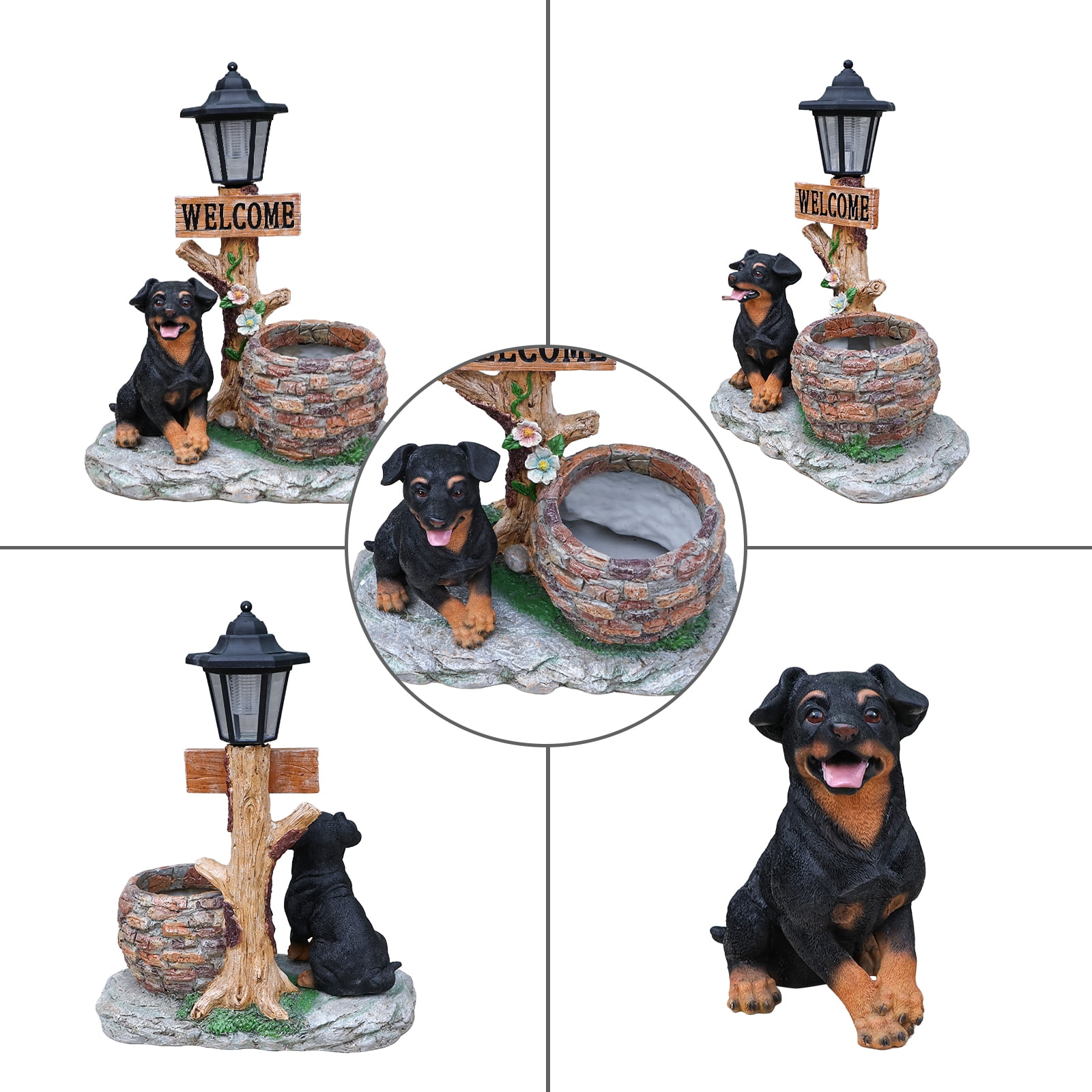 Aukfa Cute Puppy Dog Planter Statue with WELCOME Sign & Solar Figurines Light, Outdoor Garden & Entryway Accent