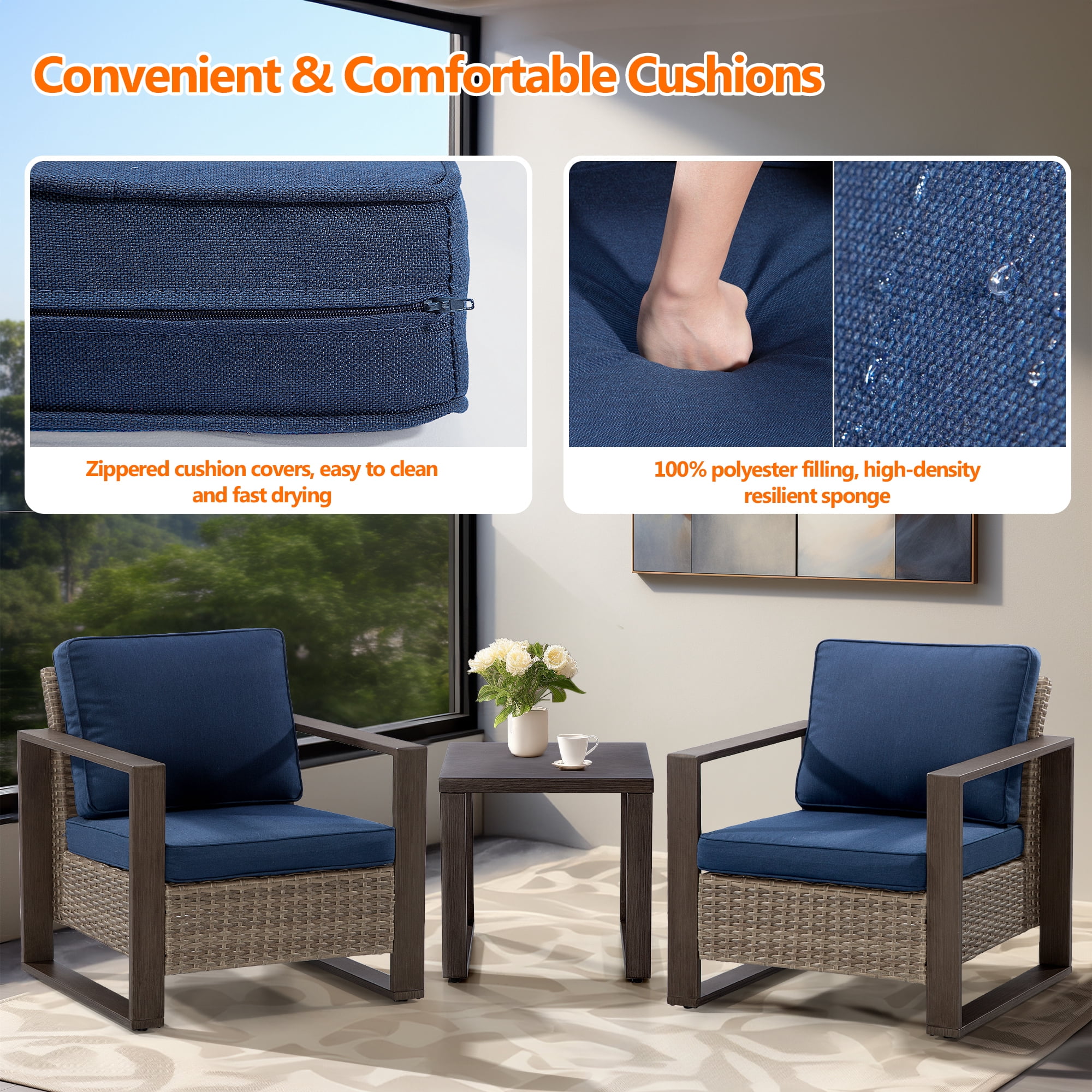 MeetLeisure Outdoor Wicker Metal Chairs Set of 2 with Side Table, 3 Pieces Patio Bistro Set with Removable Olefin Cushions & Wood-Looking Metal Armrest, Dark Blue