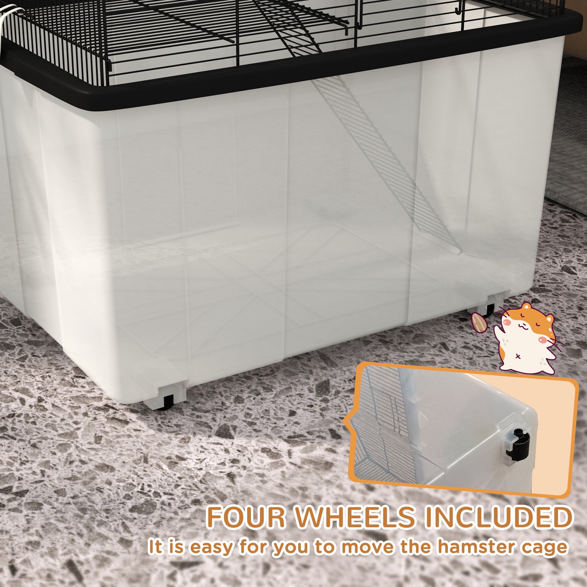 PawHut 22" 2-Tier Hamster Cage with Extra-Deep 14" Base, Small Animal Cage with Ramp, Water Bottle, Food Dish, Wheels, Black